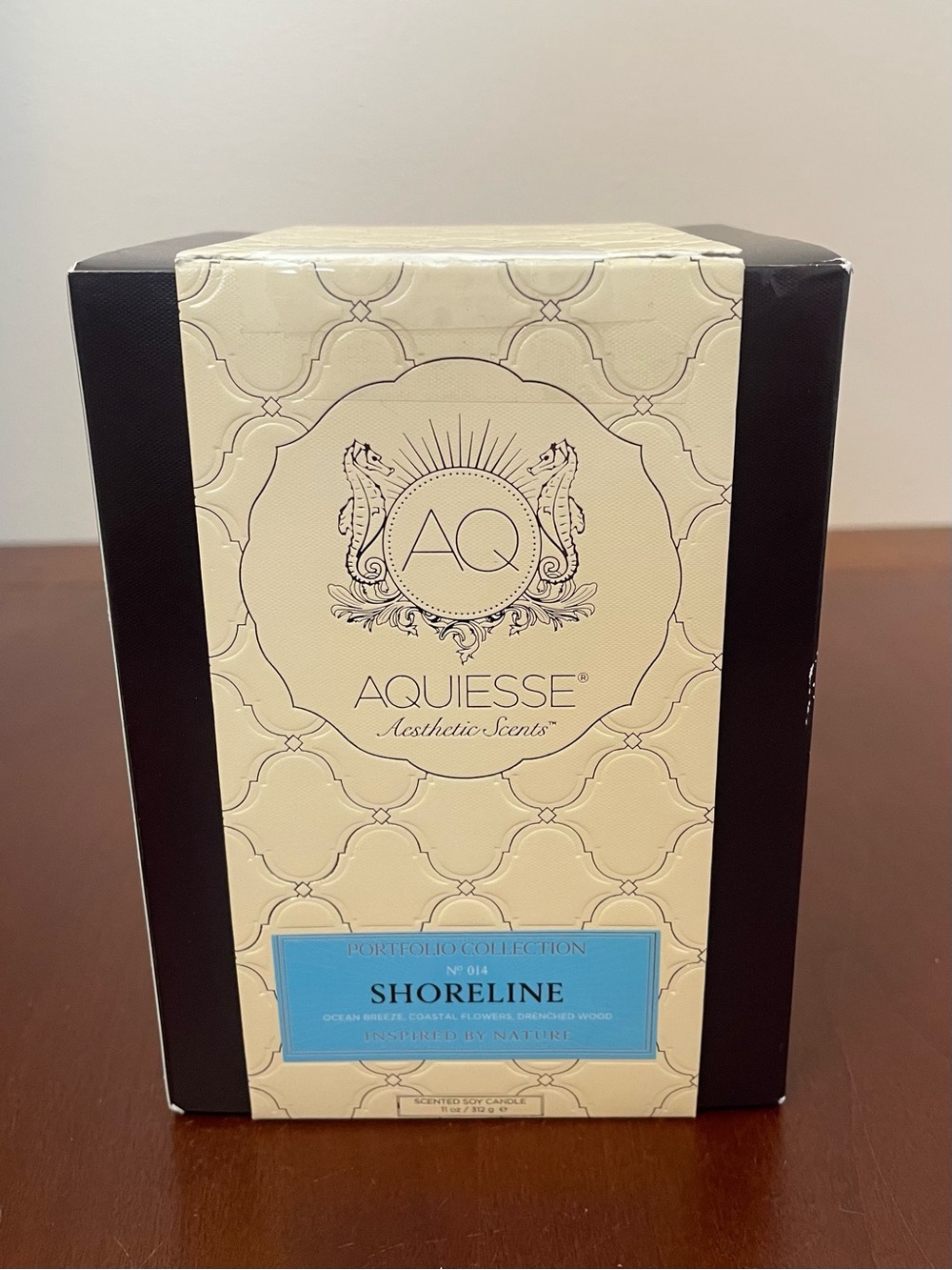 NIB AQUIESSE SHORELINE 11 OZ SCENTED SOY WAX CANDLE Ocean Breeze Wood Fresh #014
